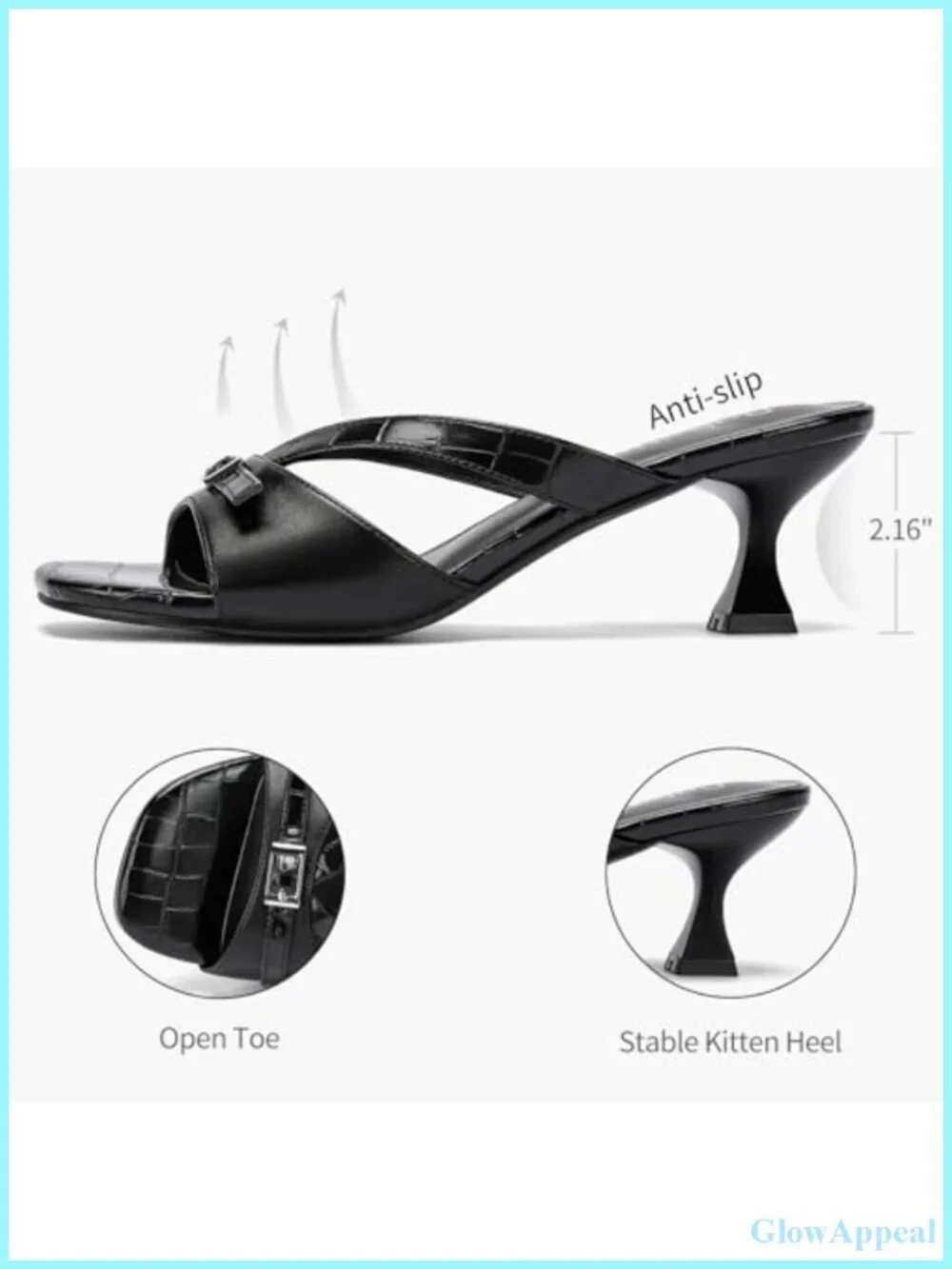 Kitten Heel Sandals for Women Slip-On Mule Open Toe Square Toe Faux Leather 2.2